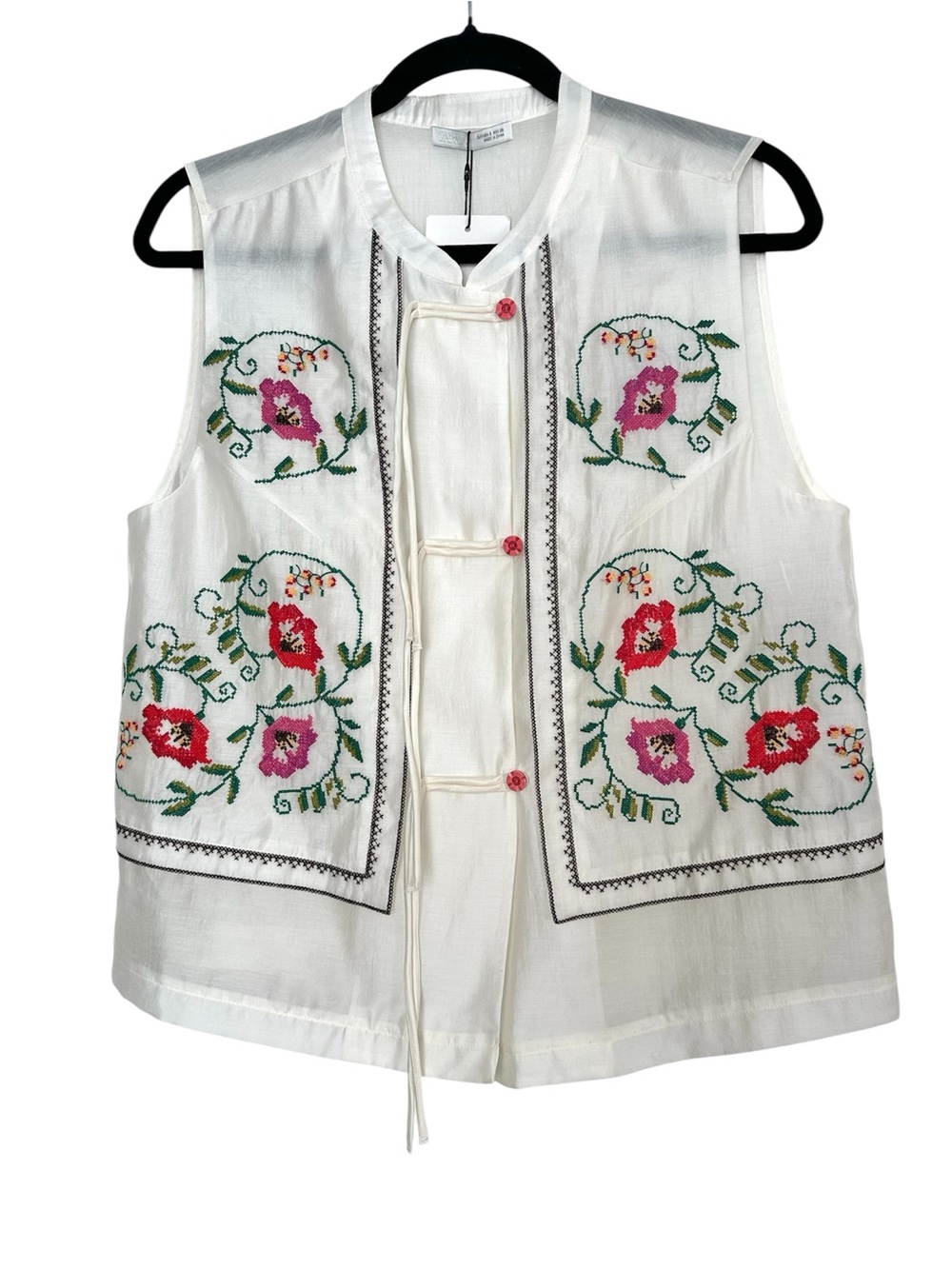 Zara Boho Cottagecore Floral Embroidered Vest Needlepoint Hobbit Goblincore Poet